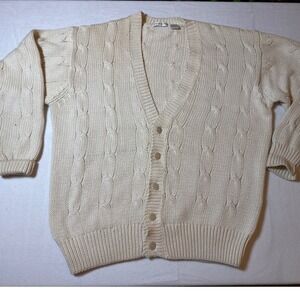 Claiborne Cream Cable Knit Button Front V Neck Cardigan Sweater Womens Medium